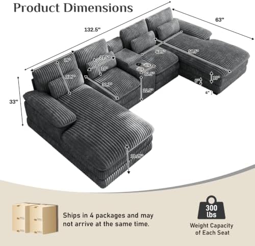 132" U Shaped Corduroy Cloud Couch with Console, USB&Cup Holder, Dark Grey
