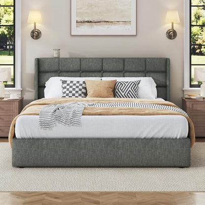 HISOFT Queen Size Lift Up Storage Bed Frame, Linen Upholstered Platform Bed with Wingback Headboard, Heavy Duty Hydraulic Gas Lift Underbed Space, Reinforced Full Metal Slats, Noise Free, Grey