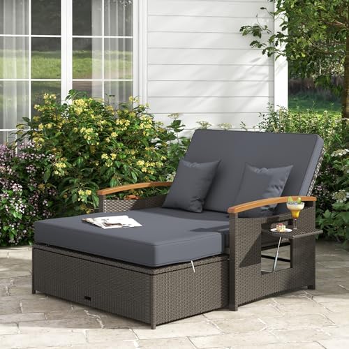 LDAILY Moccha Outdoor Wicker Daybed, Patio Rattan Loveseat Sofa w/ 4-Level Adjustable Backrest, Folding Panels, Storage Ottoman & Cushions, Lounge Furniture Set for Poolside Backyard Porch (Grey)