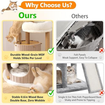 Modern Cat Tree for Indoor Small & Medium Cats, 36" Cat Tower with Scratching Posts, 2 Cozy Cat Caves, Top Perch, Dangling Balls, Washable Cushions, Space-Saving Cat Condo, Brown