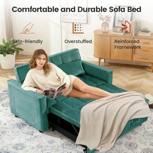 3 in 1 Convertible Sofa Bed, Velvet Fabric Loveseat Sleeper Sofa with Side Pockets, Pull Out Couch with Adjustable Backrest for Living Room, Small Spaces, Bedroom, Apartment, Green