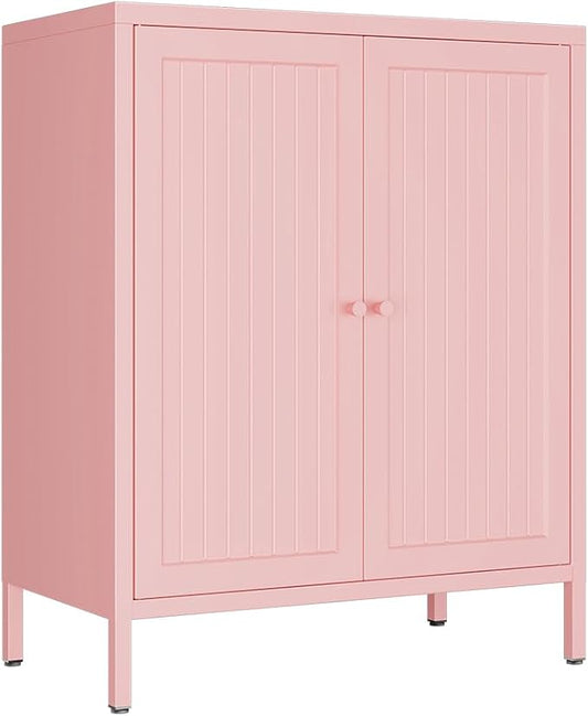 Metal Accent Storage Cabinet for Home,LivingRoom, Office,Kitchen- Metal Locker Cabinet with 1 Adjustable Shelves-Bathroom Floor Storage Cabinet Freestanding Organizer(Stripe Door, Pink)