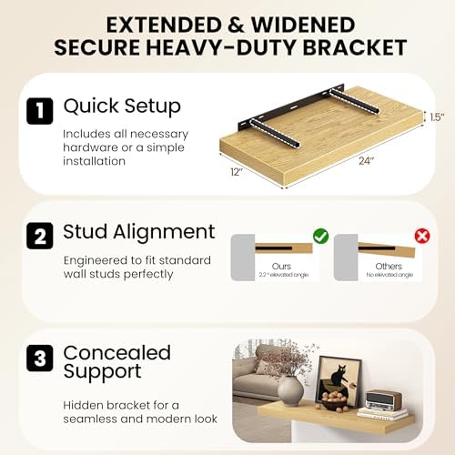 40 Inch Floating Shelves, 12 Inch Deep Wall Shelves, 40 x 12 Floating Shelf Set of 2, Oak Wood Floating Shelf Wall Mounted, Large Kitchen Living Room Bedroom Bathroom Storage Shelves