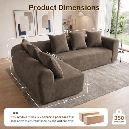 Claiks 106" Cloud Boneless Couch, L-Shaped Sectional sofa, Light Grey