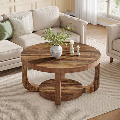 Tribesigns Round Coffee Table, 2-Tier Circle Coffee Table with Storage, Modern Wooden Accent Center Table for Living Room, Thick Tabletop & Base, Dark Brown