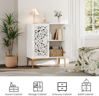 JOINICE 31.5" White Accent Cabinet with Carved Doors & Storage, Set of 2