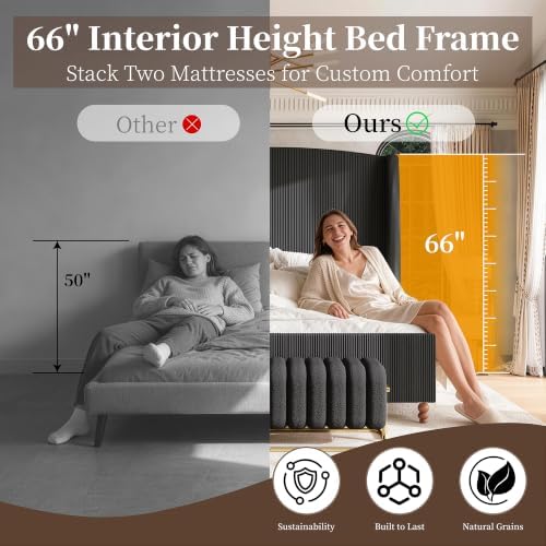 66" Extra Tall Cal King Size Bed Frame with Wingback Headboard, Black