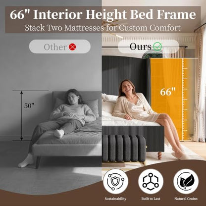 66" Extra Tall Cal King Size Bed Frame with Wingback Headboard, Black