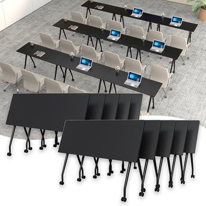 Folding Conference Table with Wheels, 10 Pack Modular Flip Top Conference Tables for Training Rooms, Mobile Modern Office Table, 70.8 Inch Large Conference Room Table, Black
