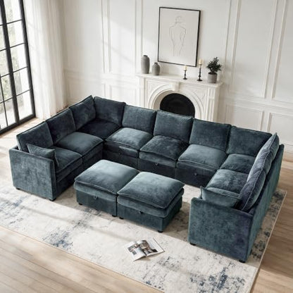 Modular Sectional Storage Sofa, 130" Oversized U-Shaped Couch, Blue