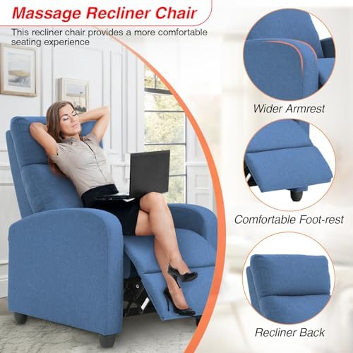 FDW Recliner Chair Massage Chair Reading Chair Reclining Sofa Home Theater Seating with Lumbar Support Massage and Padded Backrest for Living Room and Bedroom (Textile, Blue)