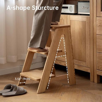 100% Solid Oak Wood 3 Step Stool, Multifunctional 3-Tier End Table Nightstand Plant Stand Counter Barstool Dining Stool for Living Room Bedroom Kitchen (Natural Oak, 3-Tier)