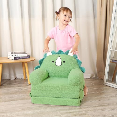 Kids Sofa Chair, 2-in-1 Foldable Couch, Sherpa, Dino Green