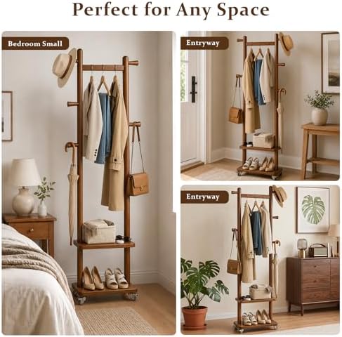 Small Clothes Rack Solid Wood Coat Rack Freestanding with Wheels
