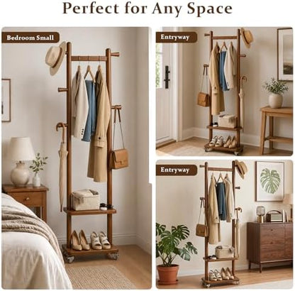 Small Clothes Rack Solid Wood Coat Rack Freestanding with Wheels