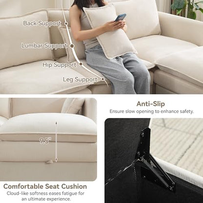80" Cloud Modular 3 Seater Sofa with Storage, Modern Upholstered Storage Sofa Couch Deep Seat, Sectional Sofa Chenille Comfy Couch with Armrests for Living Room, Small Space, Beige