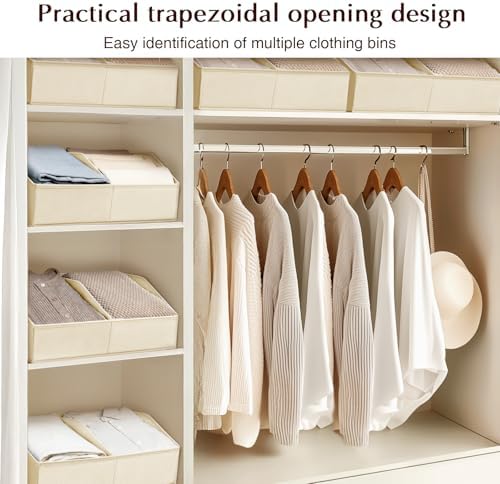 Closet Organizers and Storage Bins - 6 Pack Collapsible Divided Trapezoidal Cube Storage Bins Baskets with Orange Handle for Organizing Clothes Blankets, Toys, Books, Towels(Beige)