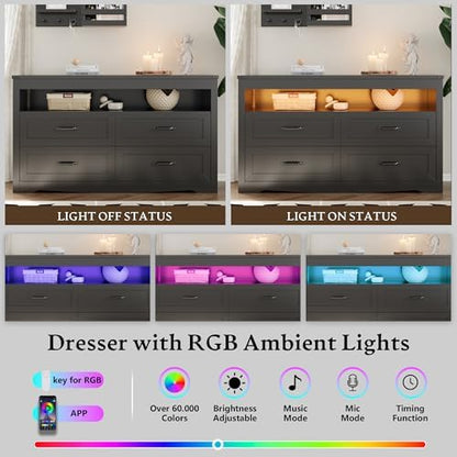 Dresser for Bedroom with LED Lights, 4-Drawer Black Chest of Drawers