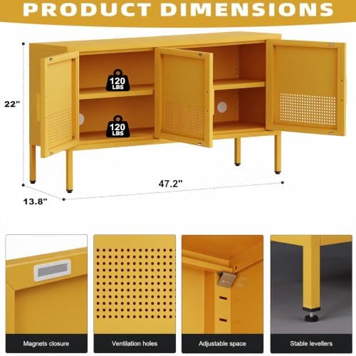 Metal Storage Cabinet,Three-Door Lockable TV Cabinet, Double-Layer Low TV Cabinet with Adjustable Shelves, Suitable for Homes、 Offices、and Entertainment Centers 13.8" D x 47.2" W x 22" H