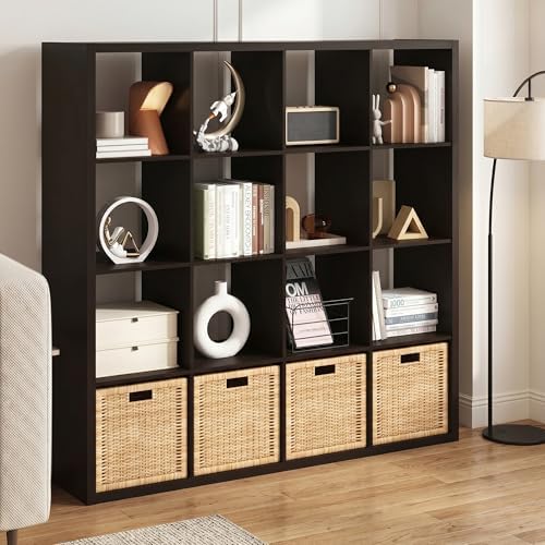 16-Cube Bookshelf, Cubicle Shelf Bookcase with Open Back, Position Reversible Book Shelf, 15 x 58 x 58, for Home Office, Living Room, Dark Oak