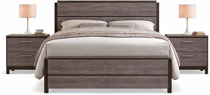 Kings Brand Furniture 3-Piece Antique Grey Bedroom Set – King Size Wood Bed Frame with 2 Nightstands