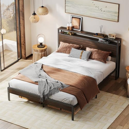 LIKIMIO Queen Bed Frame with 2-Tier Storage Shelf Headboard