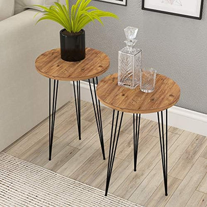 Set of 2 End Table – Pine Wood Round Wood Sofa Side Coffee Tables for Small Spaces, Nightstand Bedside Table with Black Metal Legs for Bedroom, Living Room, Home Office, Balcony