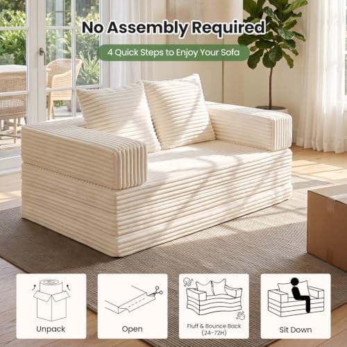 57" Convertible Sofa Bed，Modular Corduroy Boneless Loveseat with Removable Armrests Backrest，Folding Mattress Couch No Assembly Needed for Apartment Bedroom and Small Place （Beige）