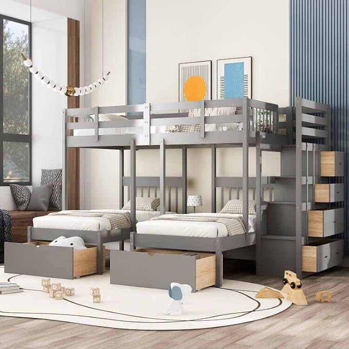 VilroCaz Upgraded Version Full Over Twin & Twin Bunk Bed, Solid Wood Triple Bunk Bed with Storage Drawers and Staircase, Strong Sturdy Bunk Bed Frame with Guardrails for Kids Teens Aldults (Gray-U)