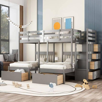 VilroCaz Upgraded Version Full Over Twin & Twin Bunk Bed, Solid Wood Triple Bunk Bed with Storage Drawers and Staircase, Strong Sturdy Bunk Bed Frame with Guardrails for Kids Teens Aldults (Gray-U)