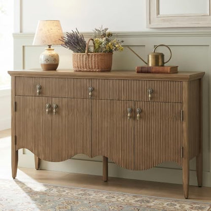 57" Fluted Sideboard Buffet,Retro Storage Cabinet, Light Oak