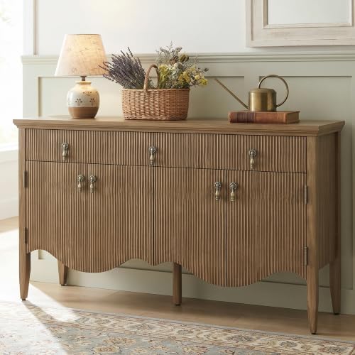 57" Fluted Sideboard Buffet,Retro Storage Cabinet, Light Oak
