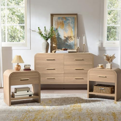 3-Piece Bedroom Set, Curved 6-Drawer Dresser&1-Drawer Nightstands