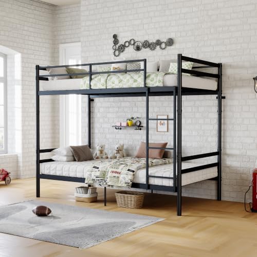 Metal Bunk Bed Twin Over Twin, Heavy Duty Twin Bunk Bed with Ladder & Safety Guardrails for Kids/Teens/Adults, Convertible into 2 Individual Beds, Under-Bed Storage Space, Black