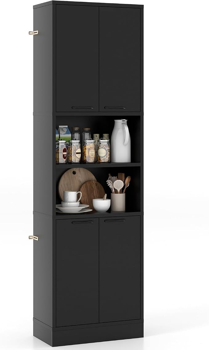 Giantex Kitchen Pantry Cabinet, 75” Tall Freestanding Cupboard with Doors & Shelves, Safety Hinges & Anti-Tipping Devices, Storage Sideboard for Dining Room, Living Room (Black)