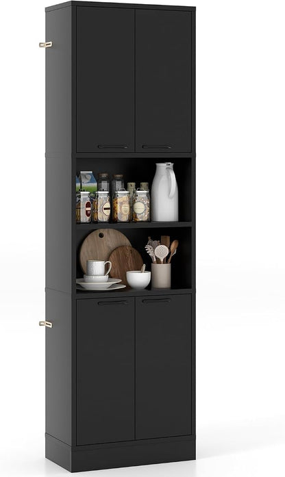 Giantex Kitchen Pantry Cabinet, 75” Tall Freestanding Cupboard with Doors & Shelves, Safety Hinges & Anti-Tipping Devices, Storage Sideboard for Dining Room, Living Room (Black)