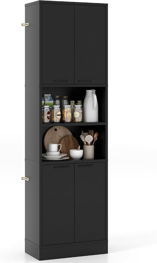 Giantex Kitchen Pantry Cabinet, 75” Tall Freestanding Cupboard with Doors & Shelves, Safety Hinges & Anti-Tipping Devices, Storage Sideboard for Dining Room, Living Room (Black)