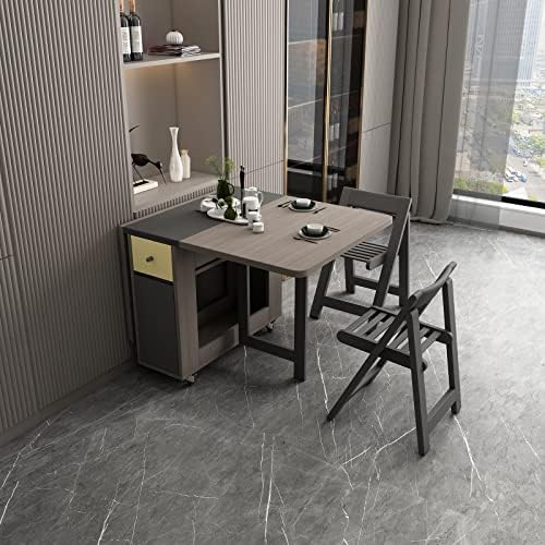 Drop Leaf Folding Dining Table with Storage, 2 Drawers, Grey