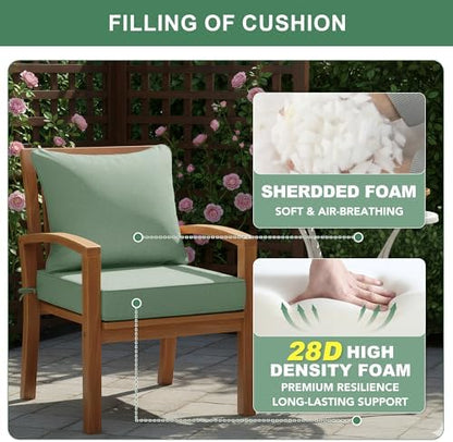 Outdoor Cushions for Patio Furniture, Faux Linen Water Resistant Backrest and Deep Seat Cushion Set with Removable Cover, Straps, Non-Slip Bottom, 24 x 24 Inch, Sage Green