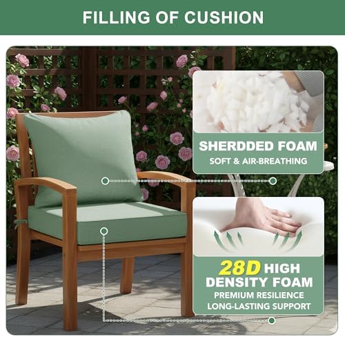 Outdoor Cushions for Patio Furniture, Faux Linen Water Resistant Backrest and Seat Cushion Set with Removable Cover, Ties, Non-Slip Bottom, 19 x 19 Inch, Sage Green, Set of 4