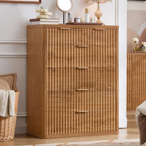 LEYAOYAO Fluted 6 Drawers Dresser for Bedroom, 42" Tall Modern Chest of Drawers with Metal Handle,Curved Profile Design,Wood Drawer Organizer for Bedroom, Living Room, Hallway, Brown