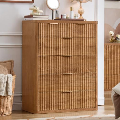 LEYAOYAO Fluted 6 Drawers Dresser for Bedroom, 42" Tall Modern Chest of Drawers with Metal Handle,Curved Profile Design,Wood Drawer Organizer for Bedroom, Living Room, Hallway, Brown
