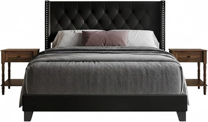 HOME DESIGN Homer Queen Tufted Wingback Upholstered Panel Bed with 2 Matching 1 Drawer Nightstands, Bedroom Furniture Set with Open Shelf Storage, Black Brown