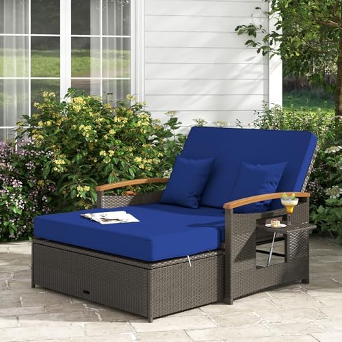 COSTWAY Patio Rattan Daybed, Outdoor Loveseat Sofa with Storage Ottoman