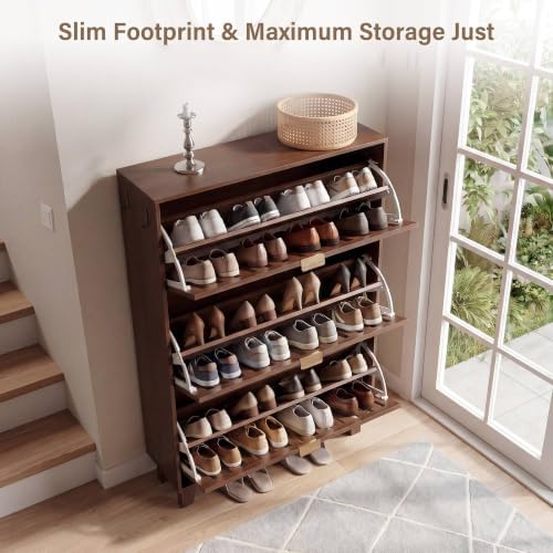 Shoe Cabinet, Slim 3 Flip Drawers for Entryway, Walnut