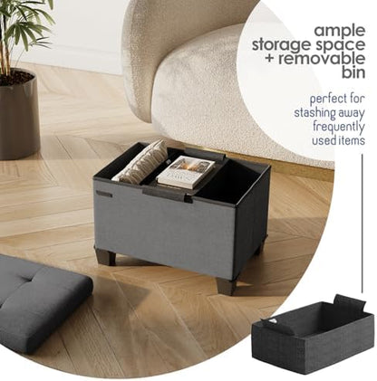 Storage Ottoman Cube with Small Bin, 16-in Square Ottoman with Storage for Living Room and Bedroom, Small Ottomans Foot Rest, Fabric Foot Stools Ottomans Max 330lbs, Grey