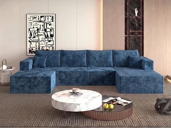 118" Modular Sectional Sofa with Chaise and Ottoman, Oversized U-Shaped Corduroy Cloud Couch, Deep Seat Boneless Couch for Living Room, No-Assembly - Blue (Right Facing Chaise)