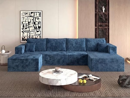 118" Modular Sectional Sofa with Chaise and Ottoman, Oversized U-Shaped Corduroy Cloud Couch, Deep Seat Boneless Couch for Living Room, No-Assembly - Blue (Right Facing Chaise)