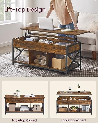 VASAGLE Lift Top Coffee Table with Storage Shelf, 3 Compartments