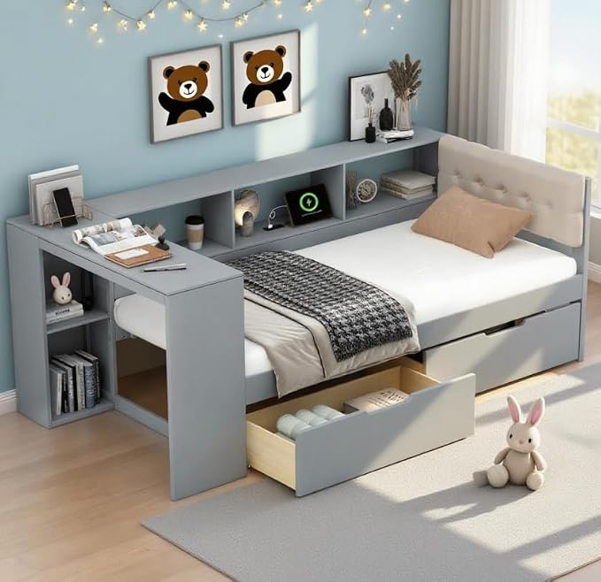 Bellemave Twin Corner Bed Frame with Storage Shelves and Desk, Wood Twin Size Daybed with Bookcase and Drawers and Upholstered Headboard, Gray